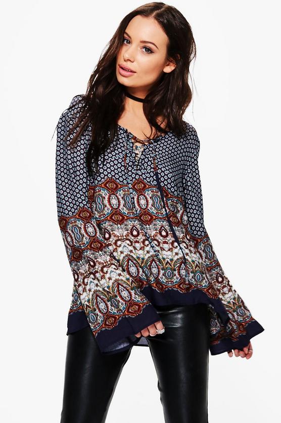 Helen Border Print Lace Up Front Blouse